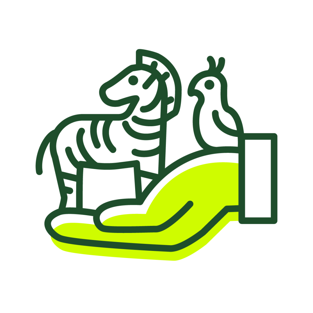 Drawing of a hand holding a zebra and a bird.