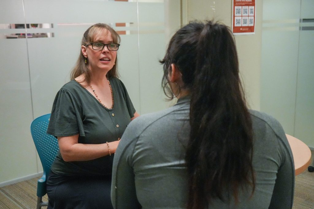 A staff member talks to a student in the CSU Career Center.